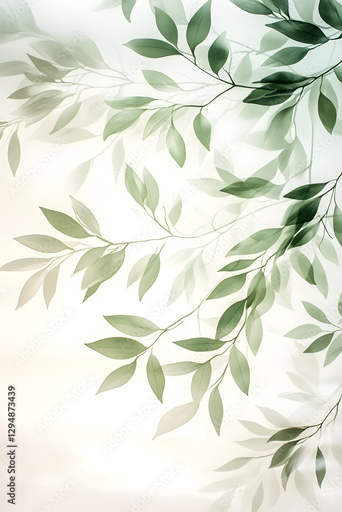 Delicate Branch with Lush Green Leaves on Soft Gradient Background Delicate Branch with Lush Green Leaves on Soft Gradient Background