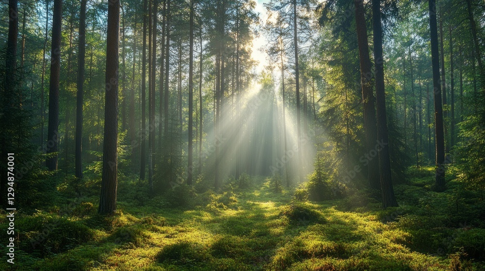 Fototapeta premium Soft rays of sunlight penetrate the thick canopy, creating a magical atmosphere in a lush Russian forest. The undergrowth is vibrant, and the tranquility of nature surrounds the scene