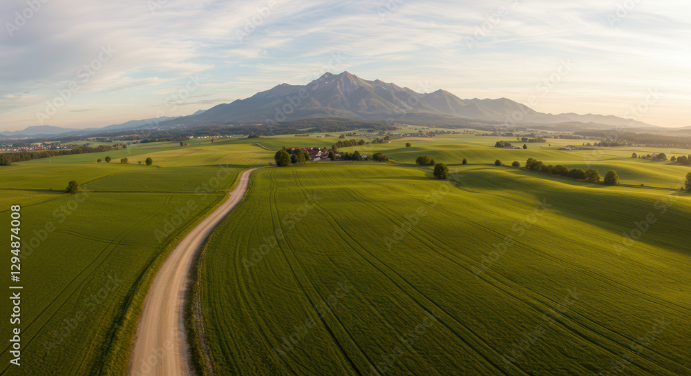 Fototapeta premium Scenic Road Through Mountain Landscape with Lush Fields and Horizon Views