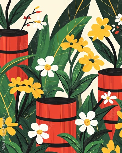 Fossil Fools Day poster design, clever visual pun showing oil barrels turning into blooming plants, eco-friendly theme with bold colors photo