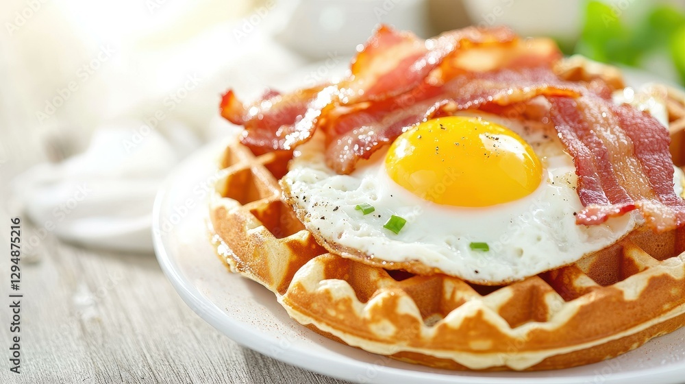 Indulge in a classic breakfast with a crispy bacon waffle and sunnysideup eggs, served on a white plate. Indulge in a classic breakfast with a crispy bacon waffle and sunnysideup eggs, served on a white plate.
