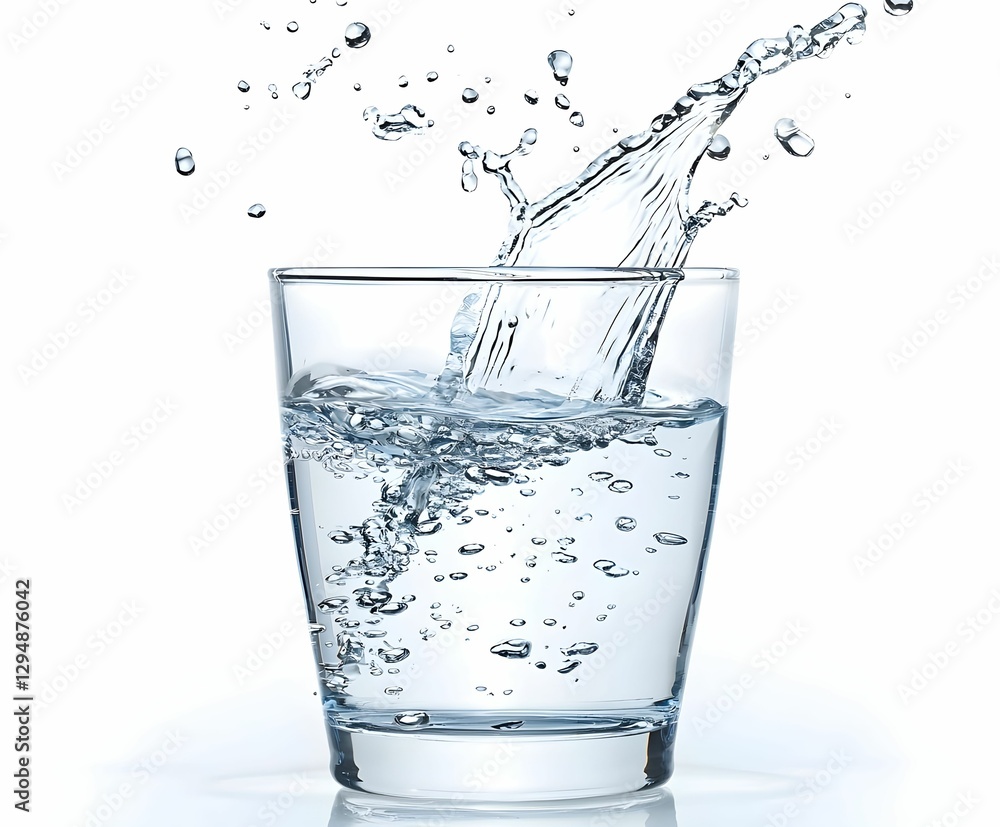 Water splashing into a clear glass creates ripples and droplets in a bright setting Water splashing into a clear glass creates ripples and droplets in a bright setting