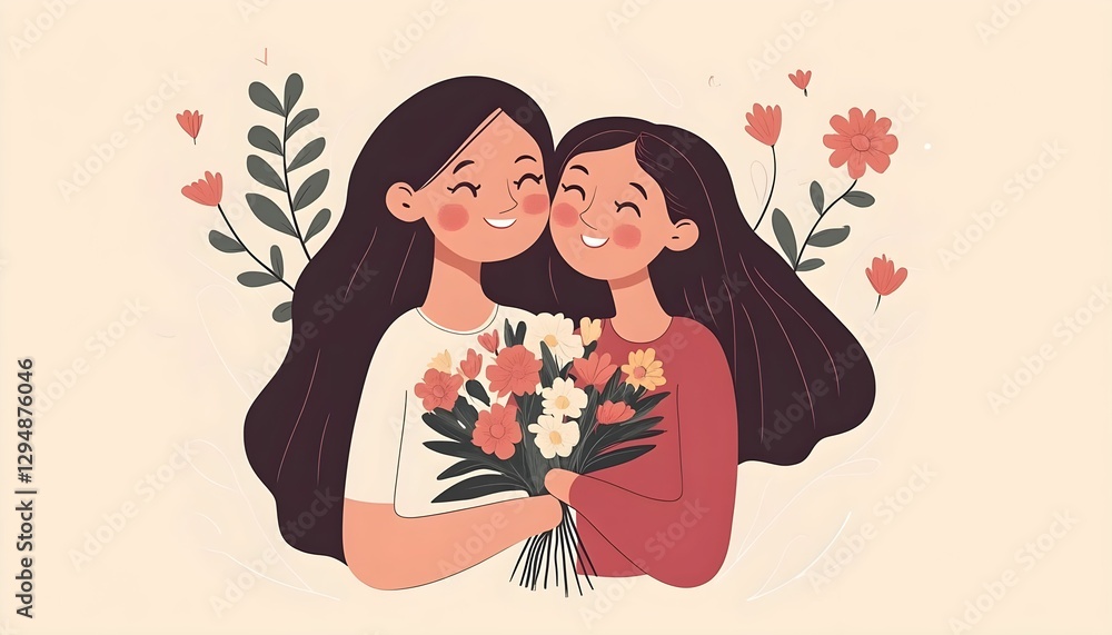 Two friends share a joyful moment embracing each other while holding a bouquet of flowers surrounded by colorful floral elements Two friends share a joyful moment embracing each other while holding a bouquet of flowers surrounded by colorful floral elements