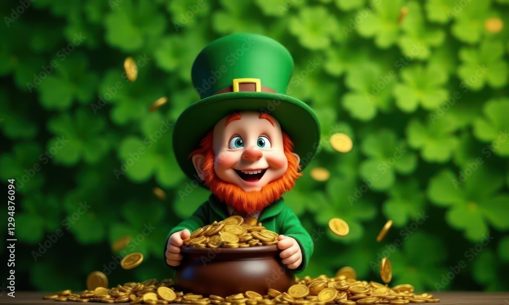 Cartoon Irish folk character leprechaun holds a pot of gold coins on green clover background Cartoon Irish folk character leprechaun holds a pot of gold coins on green clover background