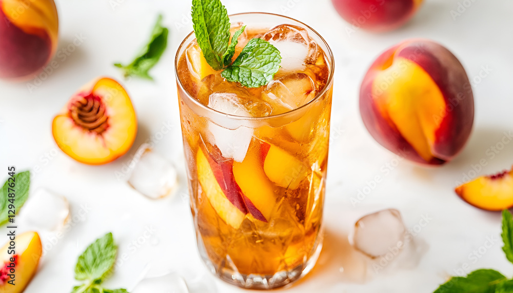 Peach iced tea. Iced tea with peach slices, mint and ice cubes on white background close up. Homemade refreshing summer drink Peach iced tea. Iced tea with peach slices, mint and ice cubes on white background close up. Homemade refreshing summer drink