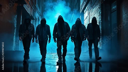 Hooded figures walking alleyway night