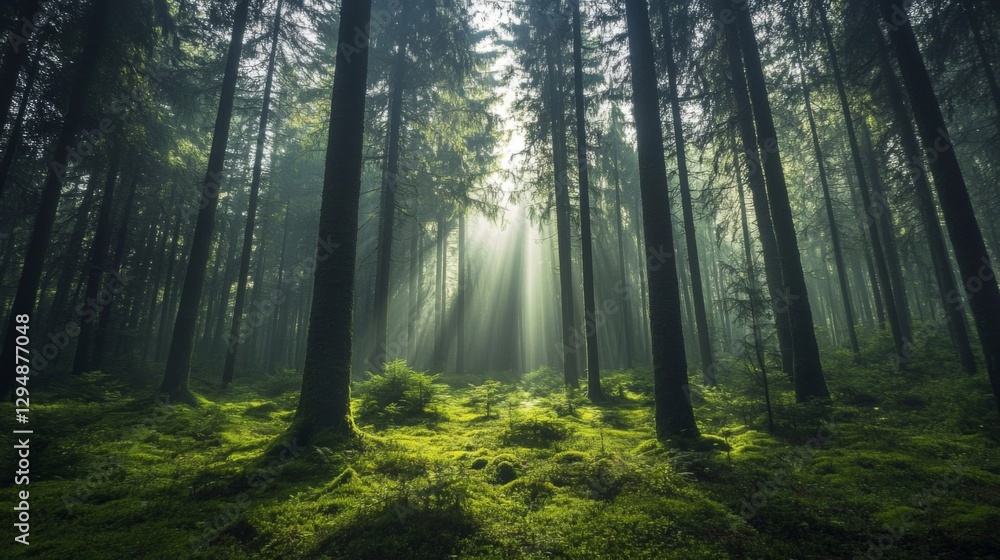 Obraz premium Sunbeams Illuminate Lush Green Forest