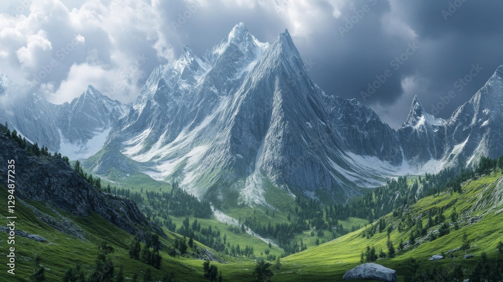 Majestic Snowcapped Mountain Peak in a Verdant Valley Majestic Snowcapped Mountain Peak in a Verdant Valley