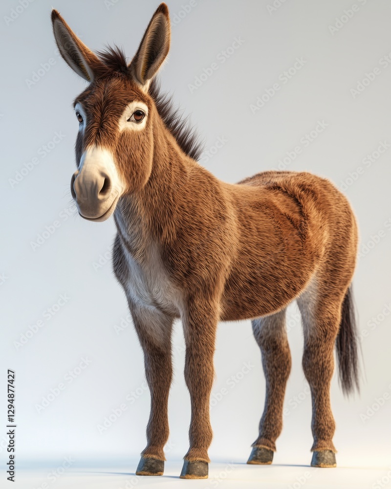 A realistic donkey standing upright with a neutral expression on a light background. A realistic donkey standing upright with a neutral expression on a light background.