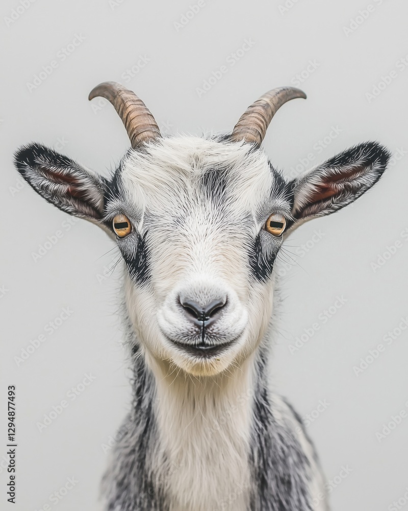 Fototapeta premium A close-up portrait of a goat with distinctive horns and a friendly expression against a light background.