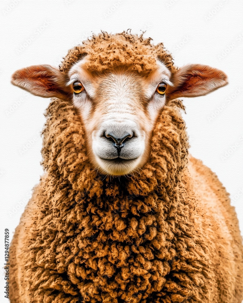 Obraz premium A close-up of a sheep with fluffy brown wool and a calm expression against a white background.