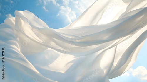 Flowing White Fabrics Swirling Against a Serene Blue Sky