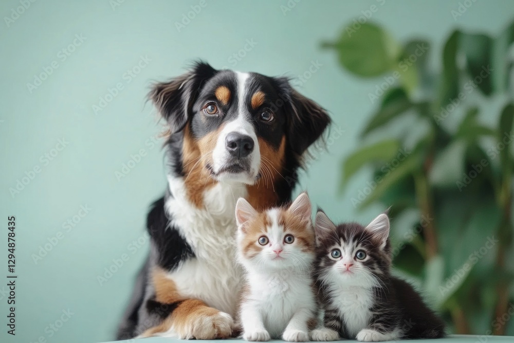 Dog and two kittens posing together. Dog and two kittens posing together.