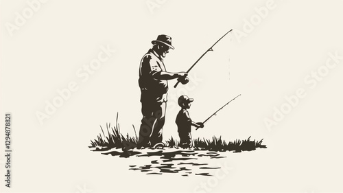 Fisherman catch fish. Fishing illustration. Flat vector illustration. Colorful and Black silhouettes of fishing with his dad son, vector Art & Illustration
