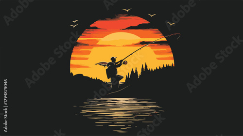 Fisherman catch fish. Fishing illustration. Flat vector illustration. Colorful and Black silhouettes of fishing with his dad son, vector Art & Illustration