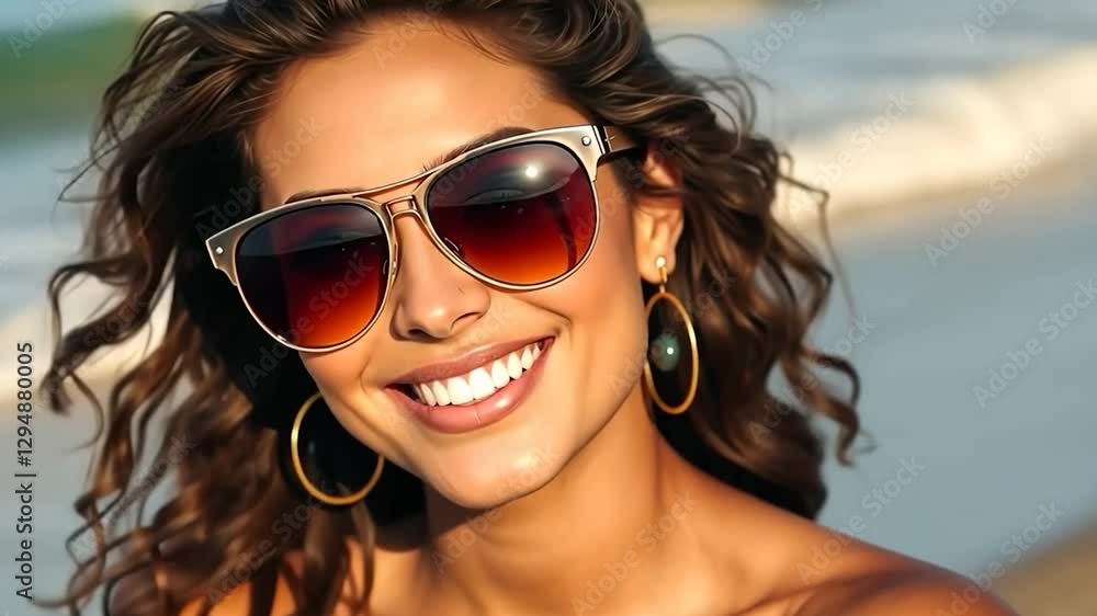 Radiant Summer Smile: Beachside Beauty in Sunglasses Radiant Summer Smile: Beachside Beauty in Sunglasses
