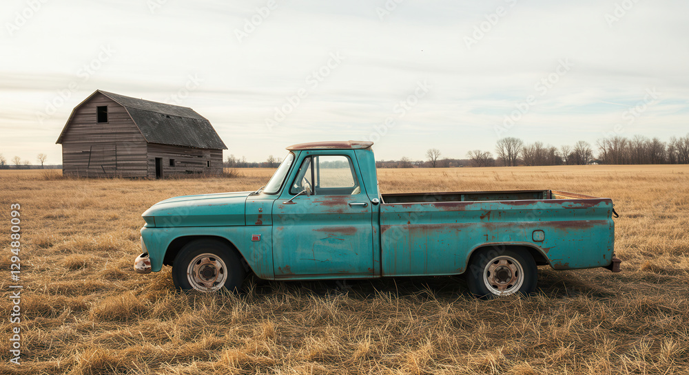 Abandoned Classic Blue Truck in a Rural Field at Sunset Abandoned Classic Blue Truck in a Rural Field at Sunset