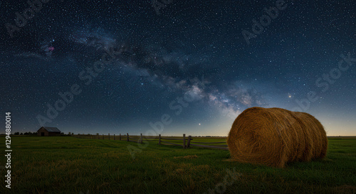 Milky Way Over Rural Hay Bale Field at Night with Starry Sky and Rolling Hills