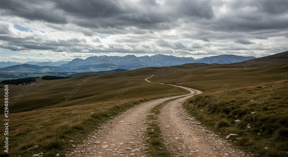 Fototapeta premium Curving Scenic Road Amidst Mountain Landscape With Clouds and Greenery