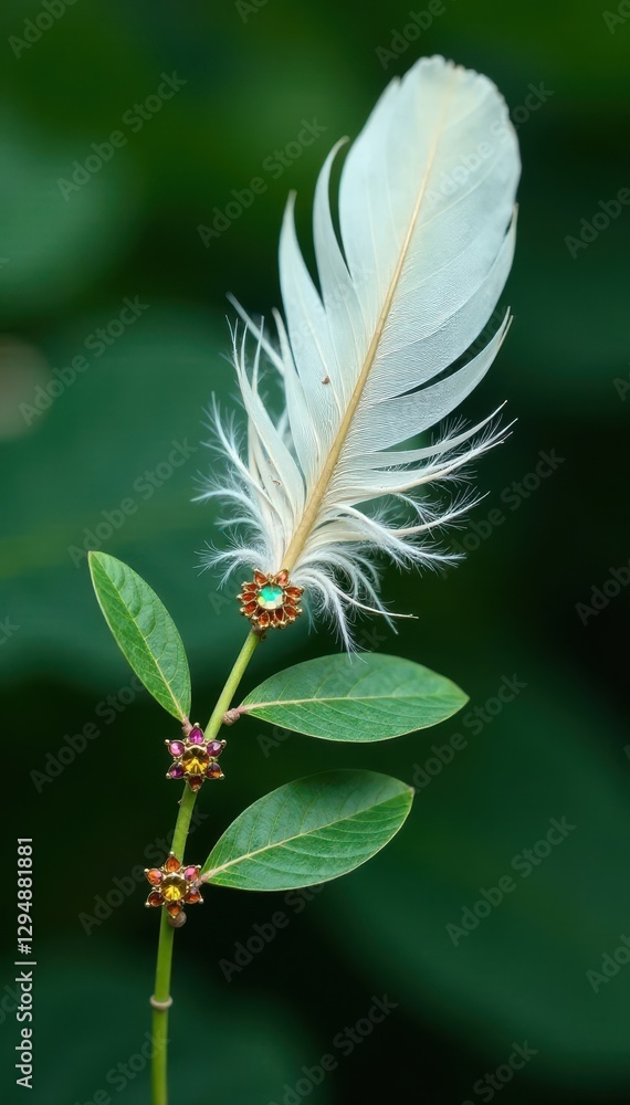 Green bohemian branch adorned with iridescent crystals and a delicate white feather, feather, tropical Green bohemian branch adorned with iridescent crystals and a delicate white feather, feather, tropical