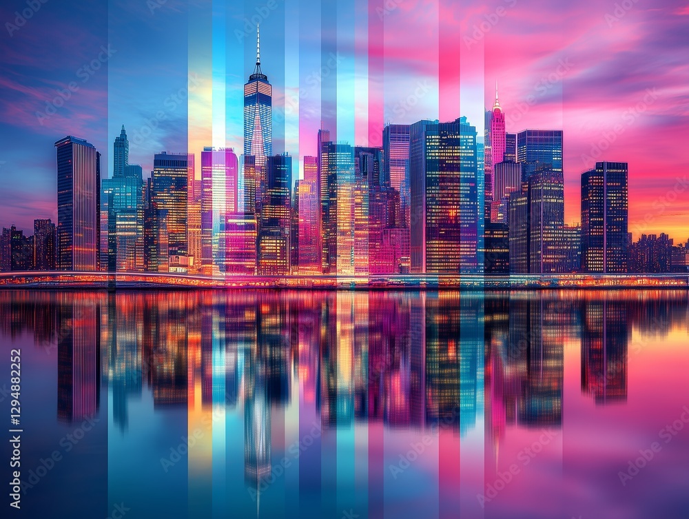 Fototapeta premium Silhouette of a big city, a modern metropolis, with skyscrapers. Beautiful panoramic view. In the theme of glass, colored glass, mosaic, stained glass.