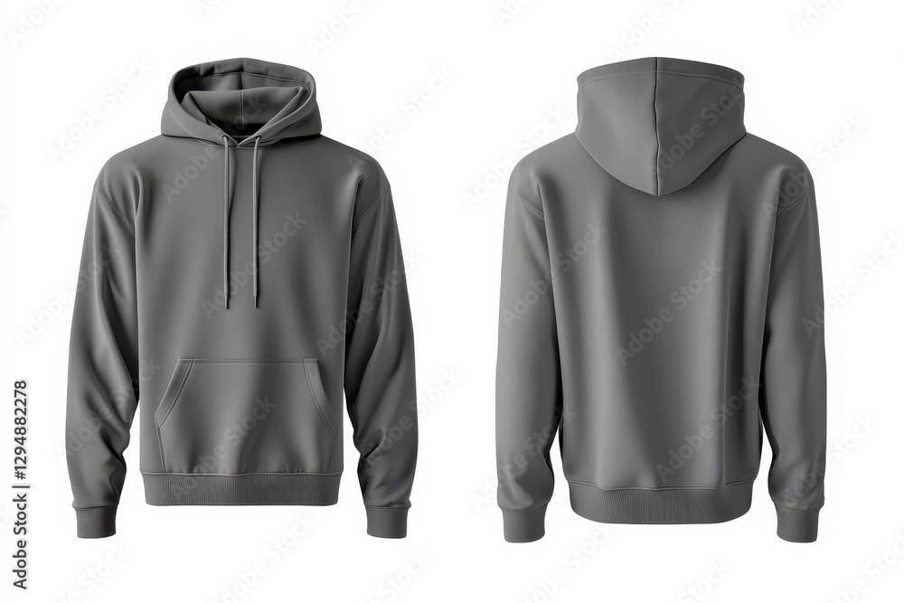 gray hoodie featuring a front pocket and drawstrings displayed from the front and back perspective for creative use gray hoodie featuring a front pocket and drawstrings displayed from the front and back perspective for creative use