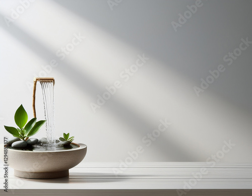 front view of a rustic zen small water fountain on top of awhite wooden table, with a white wall for background