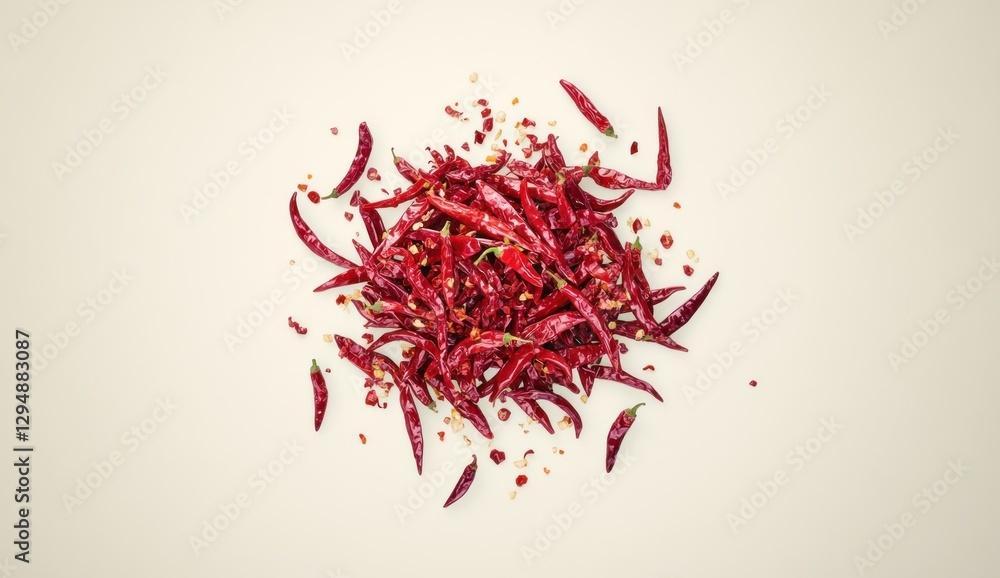 Naklejka premium Dried red chili peppers pile with flakes.