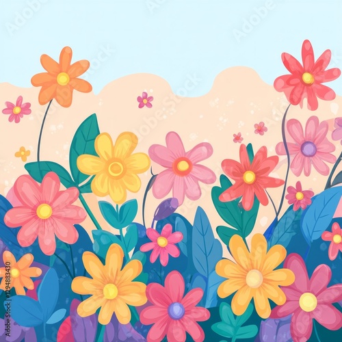 Vibrant cartoon flowers against sky and beige background with green foliage