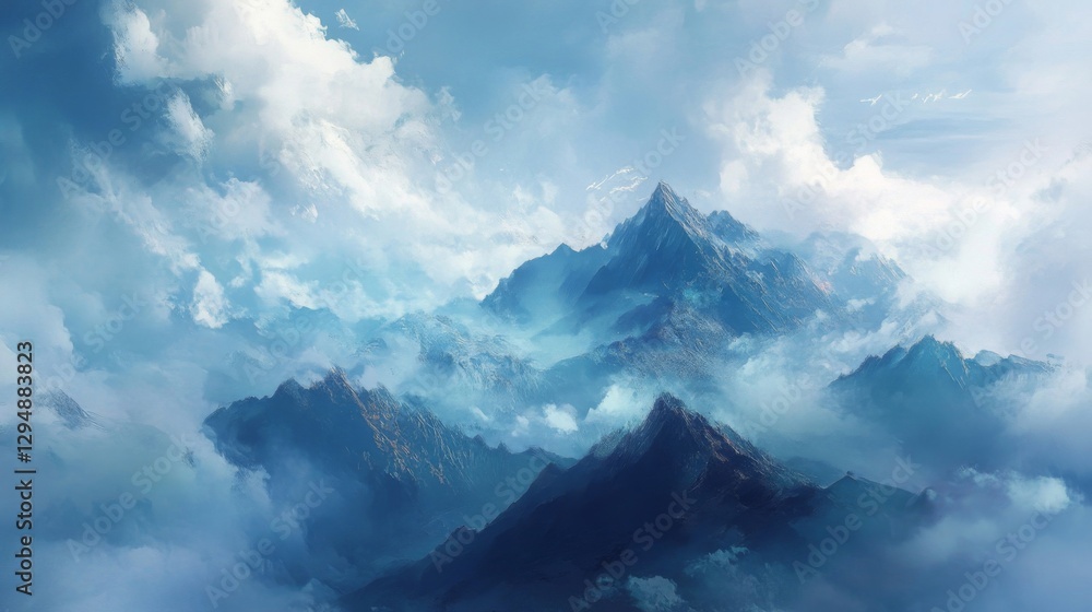 Blue Mountainscape with Misty Peaks and Clouds Blue Mountainscape with Misty Peaks and Clouds