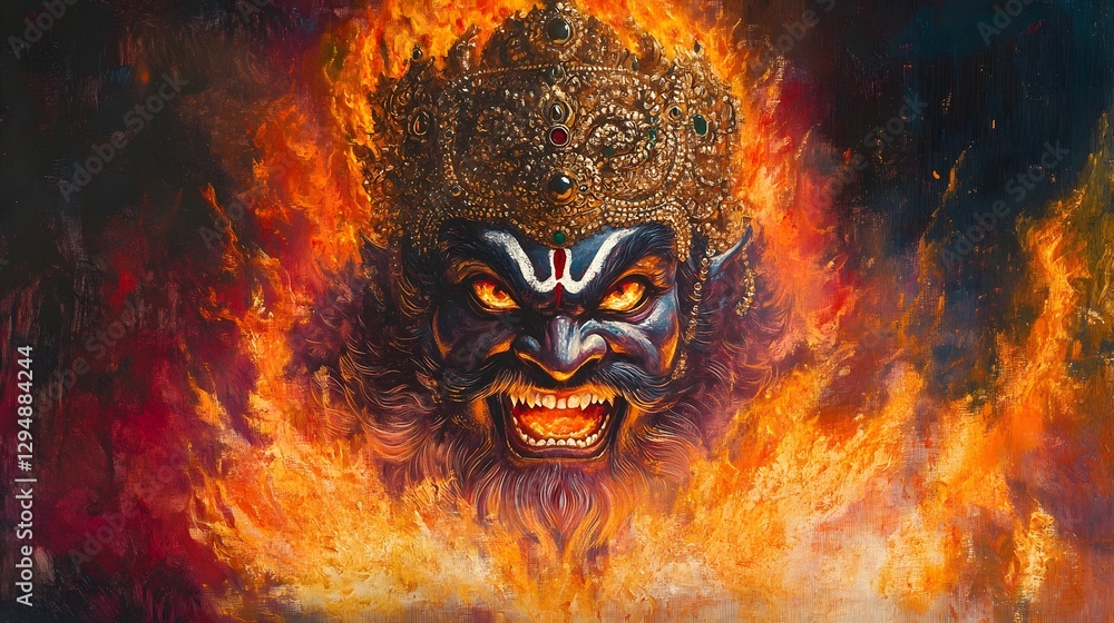Majestic Mythological Artwork of Fierce Hindu Deity Lord Narasimha in Flames Majestic Mythological Artwork of Fierce Hindu Deity Lord Narasimha in Flames