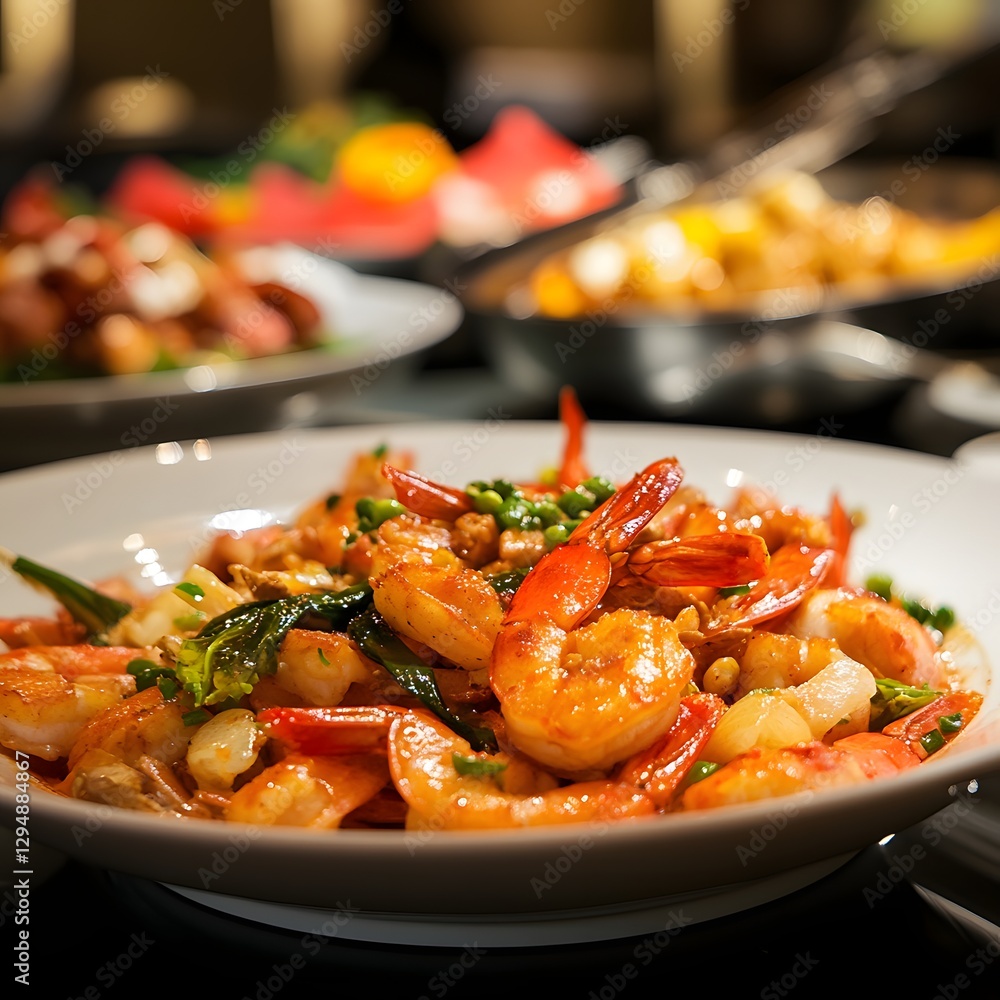 Macro close-up of stir-fried shrimps with basil and chili on plate. Macro close-up of stir-fried shrimps with basil and chili on plate.