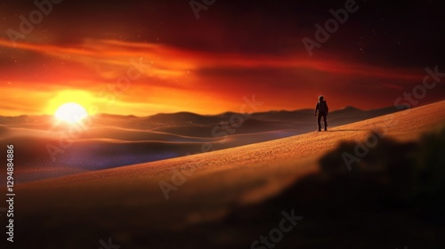 Solitary traveler at sunset desert landscape inspirational scene tranquil horizon wide angle reflection on life