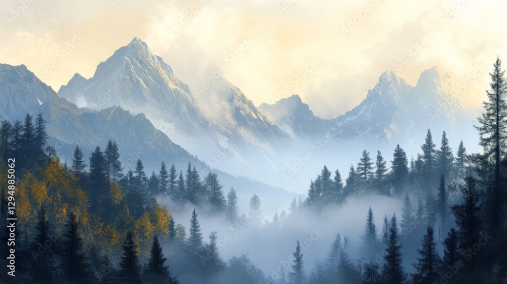 Obraz premium Misty Mountain Landscape with Blue Hues and Pine Trees
