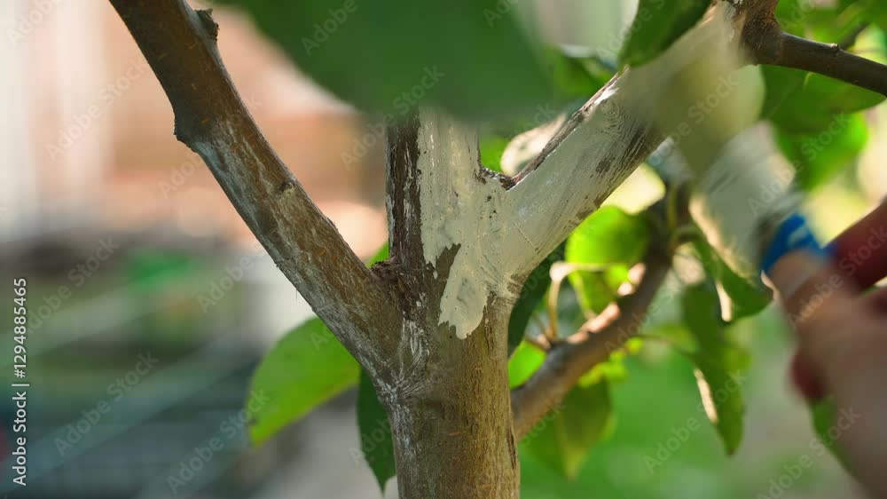 Applying white protective liquid to the trunk of a young tree with a brush, close-up. Fruit tree care Applying white protective liquid to the trunk of a young tree with a brush, close-up. Fruit tree care