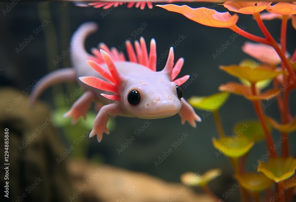 Fototapeta premium Axolotl swimming underwater in aquarium with red and orange plants