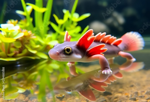 Axolotl Salamander Walking in Aquarium Tank with Greenery Reflection