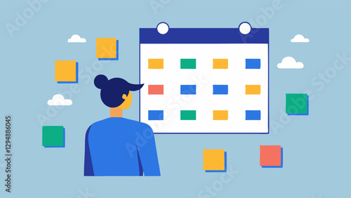 Virtual Event Planning An individual surrounded by digital sticky notes and a calendar on a wall planning and organizing the details of an upcoming event.