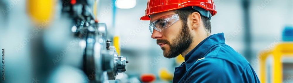 Fototapeta premium A focused worker in a hard hat and safety glasses inspects industrial machinery in a modern factory setting.