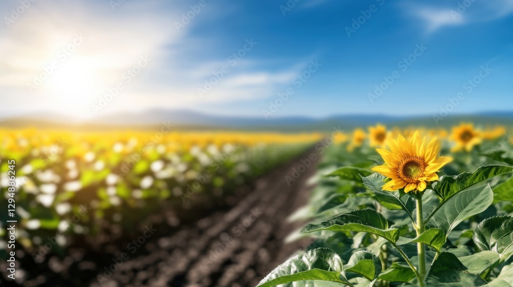 Obraz premium Sunflower field blooming in the countryside nature photography vibrant landscape bright sunny day fresh air and serenity