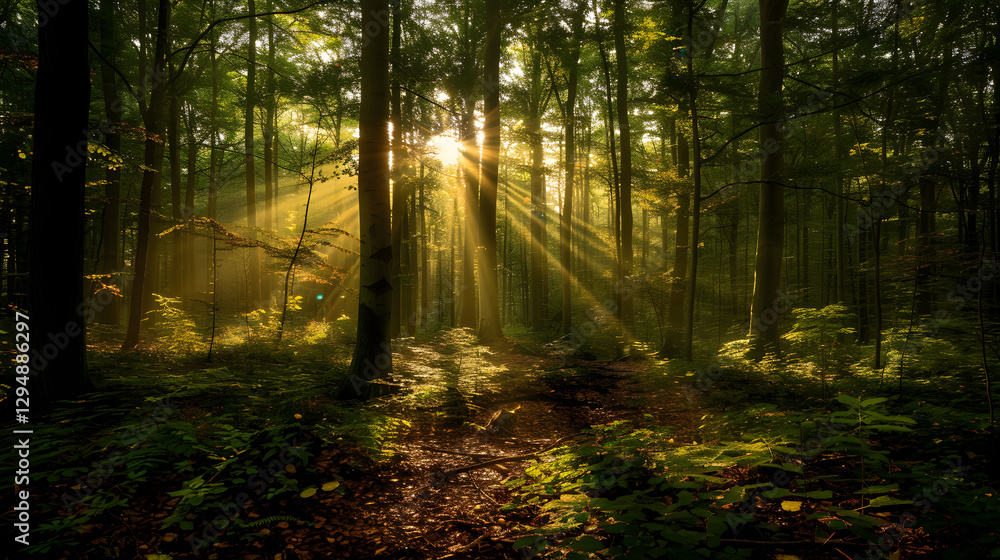 Fototapeta premium Serene Forest Landscape Bathed in Early Morning Sunbeams Casting a Golden Glow