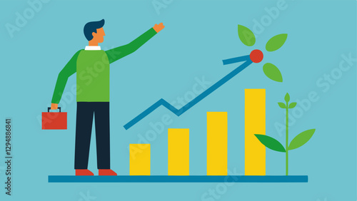 Trend Analysis A vector illustration showing an analyst pointing at a trend line on a projection graph indicating increasing renewable energy use over time.