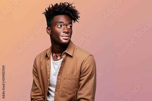 Portrait of a stylish African-American man in a brown shirt. He is posing against a simple beige background. The image is a contemporary fashion portrait. photo