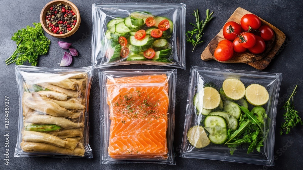 Meal Prep: Salmon, Vegetables, and Herbs in Vacuum-Sealed Bags Meal Prep: Salmon, Vegetables, and Herbs in Vacuum-Sealed Bags
