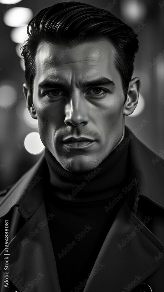 A sleek black-and-white portrait of a man in a tailored turtleneck and trench coat, with intense lig A sleek black-and-white portrait of a man in a tailored turtleneck and trench coat, with intense lig