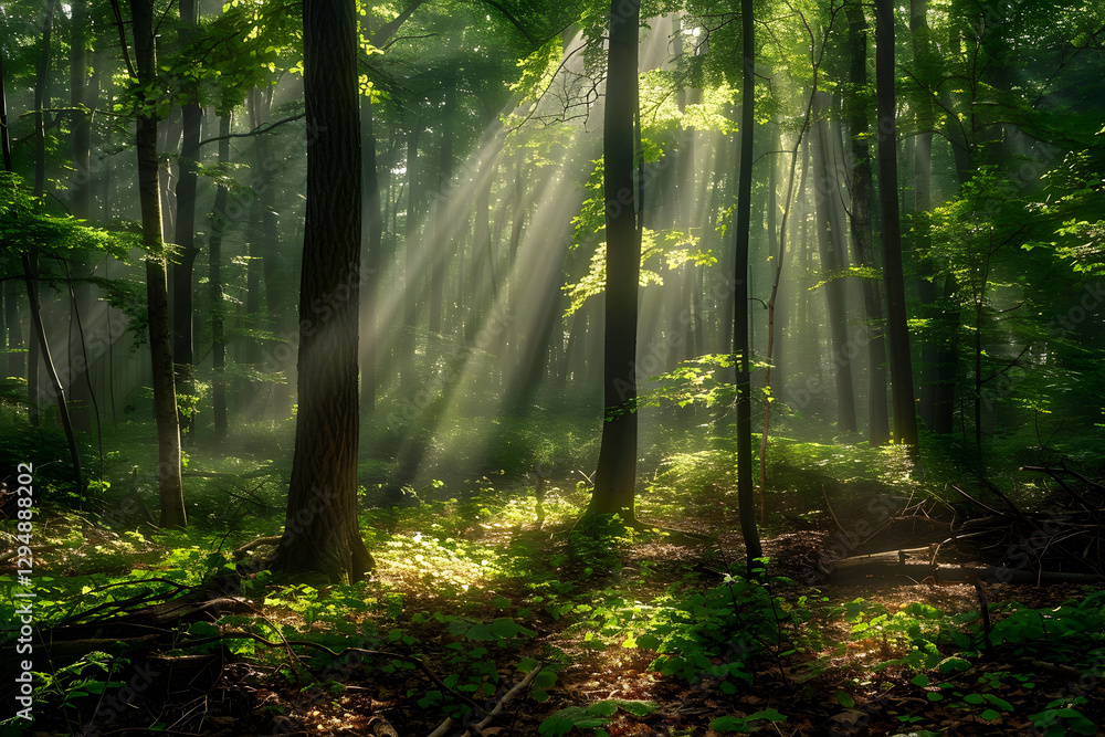 Fototapeta premium Serene Forest Landscape Bathed in Early Morning Sunbeams Casting a Golden Glow