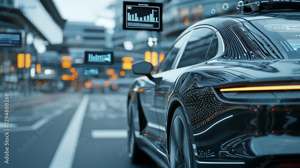 Close-up of an autonomous car driving through a smart city, sleek design, futuristic setting Close-up of an autonomous car driving through a smart city, sleek design, futuristic setting