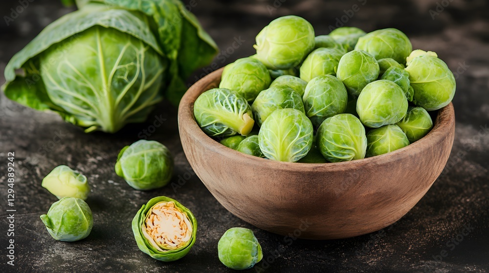 Fresh Green Brussels Sprouts in Wooden Bowl, Close Up Fresh Green Brussels Sprouts in Wooden Bowl, Close Up