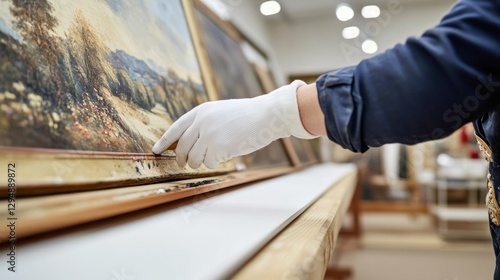 A skilled restorer in a serene studio is meticulously cleaning a framed painting with a gloved hand, ensuring its preservation