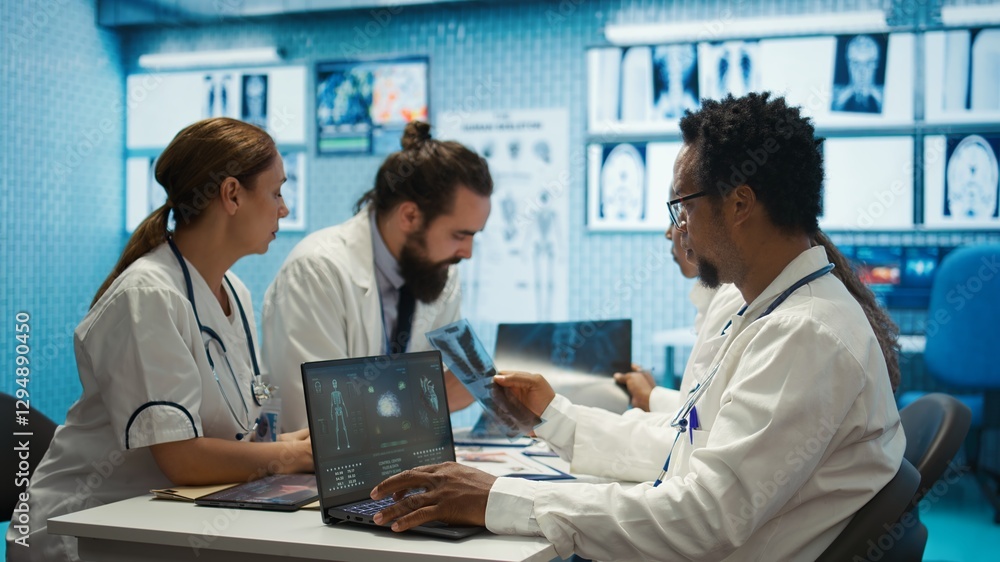 Physicians examining x ray scan results in a meeting with the staff, working to develop treatment plans. Doctors doing collective work for diagnostics control, healthcare industry. Camera B. Physicians examining x ray scan results in a meeting with the staff, working to develop treatment plans. Doctors doing collective work for diagnostics control, healthcare industry. Camera B.